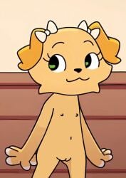 1girls anthro anthro_only belly_button bird_dog canid canine canis cub domestic_dog edit edited ella_(giggleland) eyelashes female flat_chest floppy_ears furry furry_female giggleland green_eyes hair_bow looking_back naked pussy school small_body smiling white_bow young younger_female