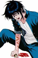1boy absurdres black_eyes black_hair bleeding blood blood_on_ground boxcutter cuts gakuran guro highres injury looking_at_viewer male male_focus open_mouth randal's_friends school_uniform self-harm shirt short_hair simple_background sitting solo tsukada_satoru uri_ka55 white_background white_shirt