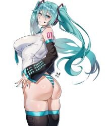 1girls aqua_eyes aqua_hair aqua_nails aqua_necktie ass big_breasts black_sleeves black_thighhighs breasts celyn404 commentary detached_sleeves female from_behind hair_between_eyes hatsune_miku headphones highres large_breasts lips long_hair looking_at_viewer looking_back necktie number_tattoo panties shirt shoulder_tattoo sidelocks simple_background skindentation solo standing striped_clothes striped_panties symbol-only_commentary tattoo thighhighs thighs twintails underwear very_long_hair vocaloid white_background white_shirt