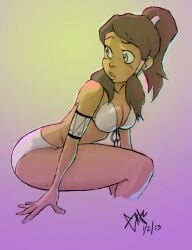 bra breasts brown_hair cleavage dark_skin female korra long_hair medium_breasts panties ponytail solo strap_slip underwear underwear_only
