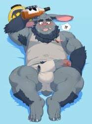 anthro armor baade_(xxl_woofia) belly black_body black_fur blush briefs bulge clothing drunk erection eyebrow_piercing eyebrows facial_piercing fur genitals hagom headgear helmet hi_res lagomorph leporid male mammal musclegut muscular nipples pecs penis penis_poking_out piercing rabbit shirt solo substance_intoxication tank_top thick_eyebrows topwear underwear xxl_woofia