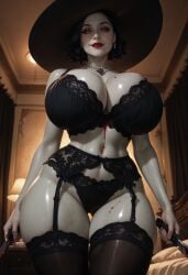 1girls ai__lora ai_generated alcina_dimitrescu alternate_version_available big_hat bra ecchi female garter_belt garter_straps grey_skin knife lingerie looking_at_viewer loraart panties resident_evil resident_evil_8:_village short_hair thighhighs thighs vampire_girl