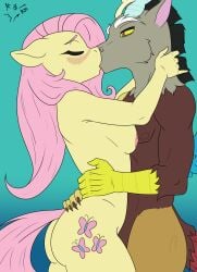 blush breast_squish breasts brown_body brown_fur discord_(mlp) dragon duo equid equine female fluttershy_(mlp) friendship_is_magic fur hair hasbro hi_res horn horse kiss_on_lips kissing lonelywolfy male male/female mammal my_little_pony mythological_creature mythological_scalie mythology nipples pink_hair pony scalie side_view squish waist_grab yellow_body yellow_fur