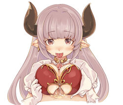 1boy alicia_(granblue_fantasy) breasts brown_eyes cow_girl cow_horns cum cum_on_breasts dress earrings female gloves granblue_fantasy horns large_breasts long_hair looking_at_viewer paizuri paizuri_under_clothes penis pointy_ears pov rinkashline silver_hair simple_background solo_focus straight tongue tongue_out upper_body white_background white_gloves