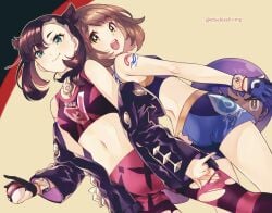 2girls :d aqua_eyes ass asymmetrical_bangs back-to-back ball bare_shoulders beachball black_choker black_gloves black_hair black_jacket blue_gloves blush breasts brown_eyes brown_hair choker closed_mouth commentary_request cosplay dutch_angle gloria_(pokemon) gloves highres holding holding_ball jacket long_sleeves looking_at_viewer looking_back marnie_(pokemon) midriff multiple_girls navel nintendo off_shoulder open_clothes open_jacket open_mouth pants partially_fingerless_gloves poke_ball poke_ball_(basic) pokemon pokemon_swsh round_teeth short_hair short_shorts shorts shuri_(84k) single_glove small_breasts smile sports_bra stomach striped_clothes striped_pants swept_bangs teeth tight_clothes tight_pants torn_clothes torn_pants twintails twitter_username upper_teeth_only wristband yellow_background