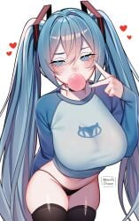 1girls big_breasts bikini black_bikini black_choker black_panties black_thighhighs blue_eyes blue_hair blush breasts chewing_gum choker female hatsune_miku heart highres large_breasts leaning_forward light_blush long_hair looking_at_viewer noodychaan panties simple_background solo swimsuit thick_thighs thighhighs thighs twintails twitter_username underwear v vocaloid white_background