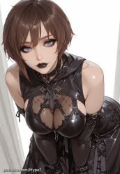 ai_generated alternate_version_at_source asian asian_female black_lipstick black_makeup blue_eyes breasts brown_hair female goth_girl hypet lily_artemis_ii shiny shiny_hair shiny_skin short_hair short_hair_female simple_background small_breasts stellar_blade tagme tomboy video_game_character video_games young