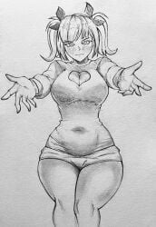 humanized j_(murder_drones) keyhole_sweater large_breasts murder_drones open_sweater wide_hips