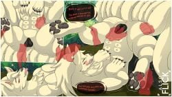 6_breasts absurd_res alsoflick anatomically_correct_vulva animal_genitalia animal_vulva bodily_fluids breasts canine_genitalia canine_vulva cookie dialogue disembodied_hand feral fingering food forest generation_1_pokemon genital_fluids genitals ghost_hand hi_res mind_break multi_breast ninetales nintendo orgasm outside plant pokemon pokemon_(species) rozatheyinglet teats transformation tree vaginal_fluids vulva wet