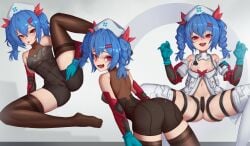 :d :p absurdres afrotunaart arm_around_leg arms_behind_back ass bare_shoulders bent_over between_legs blue_gloves blush bodysuit boots braid breasts claw_pose colphne_(girls'_frontline_2) colphne_(silent_heart)_(girls'_frontline_2) covered_navel female from_behind girls'_frontline girls'_frontline_2:_exilium gloves hair_between_eyes hair_ornament hair_ribbon hairclip hand_between_legs hands_up hat highres jacket leaning_forward leg_up looking_at_viewer looking_back maebari medium_hair multiple_thigh_straps multiple_views naked_jacket navel nipple_slip nipples nurse_cap off-shoulder_jacket off_shoulder open_clothes open_jacket petite presenting pussy red_ribbon ribbon seductive_smile see-through_bodysuit see-through_clothes skin_tight small_breasts smile smug solo spread_legs spread_pussy spread_pussy_under_clothes spreading_own_pussy stethoscope stethoscope_around_neck thigh_boots thighhighs thighs tongue tongue_out twin_braids twintails uncensored unzipped w_arms white_jacket
