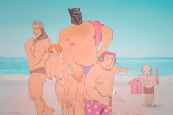 1girls 4boys alternate_costume amputated_arm amputee beach blonde_hair chainmail cleavage coif fear_and_hunger female helmet jeanne_(fear_and_hunger) knight ludwig_buckman male muscidae muscular_male ser_seril ser_seymor short_hair smile swimsuit trortur_(fear_and_hunger) wholesome