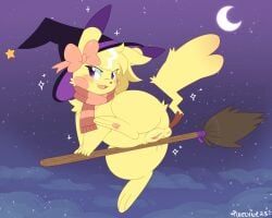 anus bodily_fluids broom broom_riding cleaning_tool clothing female feral generation_1_pokemon genital_fluids genitals hat headgear headwear hi_res moon night nintendo pikachu pixelyteskunk pokemon pokemon_(species) pussy solo vaginal_fluids vulva witch_hat