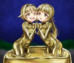 2girls blonde_hair bodypaint cheek-to-cheek gold_paint gold_skin heads_together idolmaster idolmaster_cinderella_girls interlocked_fingers koshimizu_sachiko metal_skin multiple_girls paint puffy_nipples pussy yaneura_(yaneur) yorita_yoshino