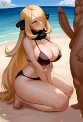 1boy 1girls 2d ai_generated ass barefeet beach big_ass big_breasts bikini blonde_hair breasts cynthia_(pokemon) dark-skinned_male erophoenix feet female female_focus full_body interracial large_penis long_hair looking_at_viewer looking_back male milf nintendo nipples nude older_woman pale_skinned_female patreon_username penis pokemon pokemon_dppt smile soles solo solo_female sweat swimsuit thick thick_thighs toes uncensored voluptuous