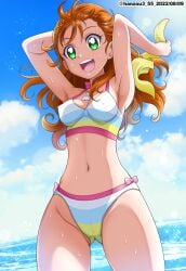 1girls 2020s 2022 adolescent armpits arms_behind_head arms_up ass_visible_through_thighs bikini blue_sky breasts brown_hair cleft_of_venus cloud collarbone dated day female gluteal_fold green_eyes hair_down hanzou hi_res long_hair medium_breasts multicolored_bikini natsuumi_manatsu navel ocean open_mouth outdoors precure pretty_cure sky smile solo standing stomach swimsuit teenage_girl teenage_tits teenager toei_animation tropical-rouge!_precure twitter_username water wet young young_female