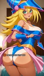 ai_generated areola_slip ass bare_shoulders bed bedroom blonde_hair blue_headwear blue_leotard blush blush_stickers breasts cleavage dark_magician_girl duel_monster female from_behind green_eyes hair_between_eyes hat indoors lamp large_breasts leotard long_hair looking_at_viewer looking_back meitabuu open_mouth pentacle pentagram shiny_skin shonen_jump showgirl_skirt solo tan tanlines thighs twisted_torso wizard_hat yu-gi-oh! yu-gi-oh!_duel_monsters