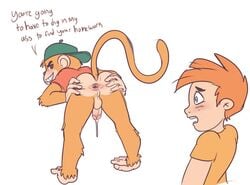 2boys adam_lyon ass auburn_hair backwards_baseball_cap balls bent_forward blue_eyes cartoon_network cum dialogue english_text gaping_anus gay human jake_spidermonkey looking_back mammal monkey my_gym_partner's_a_monkey naughty_face penis precum_drip presenting primate raised_tail shocked_expression simple_background spread_anus spreading standing text white_background zaxstar