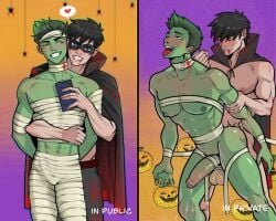 abs anal anal_sex balls bara batman_(series) beast_boy black_hair blush dc dc_comics dick_grayson erect_penis erect_while_penetrated erection exposed_nipples feet_out_of_frame foreskin fucked_from_behind garfield_logan gay gay_male gay_sex green_body green_hair halloween icarus_the_moon male male_focus male_only mask masked masked_male mummy_costume muscular muscular_male nightwing pecs penetration penis penis_in_ass shirt_up standing_sex swinging_penis thrusting_into_ass tight_clothing uncensored uncircumcised vampire_costume yaoi
