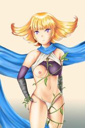 blonde_hair breasts detached_sleeves dpannkaka female frown gradient gradient_hair hand_on_hip highres kid_icarus looking_at_viewer navel nintendo nipples one_breast_out orange_hair pannkaka666 panties phosphora purple_eyes scarf smile solo two_tone_hair underwear vine vines white_panties