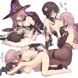 2girls absurdres ascot ass barefoot bead_necklace beads black_boots black_pantyhose black_sleeves blush boots breast_sucking breasts breath brown_hair closed_mouth commentary completely_nude cowgirl_position dress feet fingering flower flower_hairclip gloves grabbing_another's_breast green_dress green_eyes green_gloves grey_hair groping hair_ribbon hashtag-only_commentary hat hat_flower herta_(honkai:_star_rail) high_heel_boots high_heels highres honkai:_star_rail honkai_(series) jewelry key key_necklace kneeling long_hair long_sleeves looking_at_another lying medium_breasts multiple_girls multiple_views necklace nipples nude on_back oofxyphxia panties panties_under_pantyhose pantyhose parted_lips pillow purple_eyes purple_flower purple_ribbon ribbon ruan_mei_(honkai:_star_rail) sweat the_herta_(honkai:_star_rail) thighs thumb_to_mouth toes top-down_bottom-up topless_female twitter_username underwear white_ascot witch_hat yuri