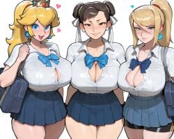 3girls ai_generated bike_shorts blonde_hair blue_eyes bow brown_eyes brown_hair chun-li cleavage double_bun earrings heart huge_breasts long_hair looking_at_viewer multiple_girls ponytail princess_peach samus_aran school_uniform schoolgirl skirt stable_diffusion unbuttoned