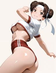 1girls adapted_costume ai_generated alternate_costume ass ass_focus bare_legs bare_midriff big_ass bloomers blush brown_eyes brown_hair butt_crack double_bun erect_nipples erect_nipples_under_clothes gym_uniform hair_bun headband looking_at_viewer looking_back medium_breasts midriff naruto naruto_(series) naruto_shippuden navel ncocomachi nipples nipples_visible_through_clothing no_bra no_bra_under_clothes perky_breasts petite pinup plain_background rear_view round_ass shiny_skin shirt short_sleeves shorts simple_background skimpy skimpy_clothes smile sport_shorts tenten thighs tied_hair underboob visible_nipples wedgie white_background white_skin