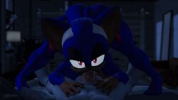 all_fours ass backlighting blue_hair deepthroat eyeliner eyeshadow fellatio half-closed_eyes hands_on_another's_thighs legs_apart looking_at_viewer miduno mobian_(species) pov pov_crotch red_eyes saliva sonic_(series) sonic_the_hedgehog_(series) spread_legs straight_on thick_thighs thighs top-down_bottom-up valencia_the_bat