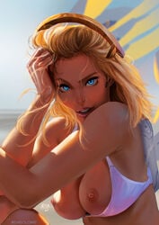 1girls areolae bikini bikini_aside bikini_top blonde_hair blue_eyes breasts cleavage evasolo exposed_breasts female female_only highres large_breasts mechanical_halo mercy nipples open_mouth overwatch solo swimsuit upper_body white_bikini