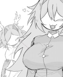 :p antlers big_breasts black_and_white blep breast_focus breasts female female_focus female_only fundamental_paper_education heart heart_symbol looking_at_breasts miss_circle_(fundamental_paper_education) miss_thavel_(fundamental_paper_education) staring_at_breasts surceekarts