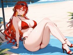 ai ai_assisted ai_generated beach big_ass big_breasts big_butt big_hips big_thighs bikini high_quality high_resolution highres himeko_(honkai:_star_rail) honkai:_star_rail red_bikini red_hair summer sunglasses sunglasses_on_head yellow_eyes