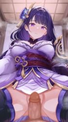 1boy absurdres armor asymmetrical_sleeves blue_pupils blunt_bangs blur_censor blurry blurry_background braid breasts bridal_gauntlets censored closed_mouth cowgirl_position dark-skinned_male dark_skin embarrassed fan_hair_ornament female flower flying_sweatdrops from_below genshin_impact gradient_hair hair_flower hair_ornament happy_sex head_tilt highres huge_breasts indoors japanese_clothes kimono large_breasts long_braid long_hair looking_at_viewer looking_down male mitsudomoe_(shape) multicolored_eyes multicolored_hair neck_ribbon nervous_sweating no_mole no_panties penis pov purple_eyes purple_flower purple_kimono purple_thighhighs pussy raiden_shogun red_ribbon red_sash ribbon sash shoulder_armor single_braid small_penis solo solo_focus spread_legs steaming_body straight sweat thick_thighs thighhighs thighs tomoe_(symbol) trembling uneven_sleeves welo wide_sleeves