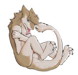 1boy anthro anus ass balls claws cum cum_in_ass cum_in_mouth cum_inside cum_on_face digitigrade erection fur hair long_tongue looking_at_viewer male male_only mammal nude penis sergal seth-iova shy simple_background solo south_sergal thick_tail toe_claws tongue