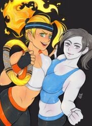 2girls abs alternate_color black_hair blonde_hair breast-to-breast breast_press breasts cleavage colored_skin crop_top fiery_hair fingerless_gloves gloves glowing glowing_hair green_eyes grey_eyes grey_hair headband highres holding_hands large_breasts lips long_hair looking_at_viewer midriff multiple_girls muscular muscular_female navel pale_skin pants player_2 pointy_ears ponytail ring_(ring_fit_adventure) ring_fit_adventure ring_fit_trainee ring_fit_trainee_(female) skindentation smile spandex sports_bra symmetrical_docking tabletorgy tan tank_top white_skin wii_fit wii_fit_trainer wii_fit_trainer_(female) yoga_pants