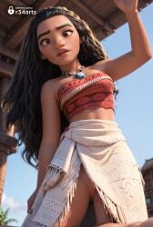 1boy 1boy1girl 1girls ai_generated arm_up artist_name bare_shoulders black_hair blue_sky blurry blurry_background breasts brown_eyes dark-skinned_female dark_skin day disney disney_princess english_text forehead from_below hi_res jewelry lips long_hair looking_at_viewer moana moana_2 moana_waialiki necklace no_panties outdoors parted_lips penis pov pussy r34arts sex skirt sky solo_focus straight strapless tube_top uncensored vaginal_penetration vaginal_penetration vaginal_sex