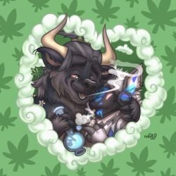 absurd_res anthro blunt bong bovid bovine drugs duo hi_res hug love machine male male/male male_focus male_only mammal marijuana marijuana_blunt marijuana_fumes marijuana_leaf naoto protogen romantic romantic_couple sergal