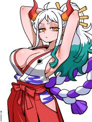 1girls armpits arms_behind_head big_breasts blue_hair breasts cleavage closed_mouth clothing earrings female female_only grumpy hakama half-closed_eyes horns jaggy_lines japanese_clothes jewelry ji_heeeeeee large_breasts long_hair looking_at_viewer mole mole_on_armpit multicolored_hair multicolored_horns one_piece orange_eyes ponytail red_hakama simple_background sleeveless solo twitter_username white_background white_hair yamato_(one_piece)