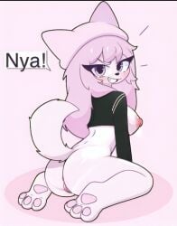anthro big_ass breasts female furry furry_female mandoy1o1 nipples nya original_character pink_hair purple_hair pussy solo tail text top white_body