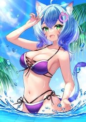 1girls animal_ear_fluff animal_ears animal_tail bikini bikini_bottom bikini_only bikini_top blue_eyebrows blue_hair blue_hair_female blue_sky cat_ears cat_tail clouds day daylight daytime female green_eyes green_eyes_female halterneck hiiragi_kei large_breasts open_mouth open_mouth_smile original original_art original_artwork original_character original_characters outdoor outdoors outside parted_lips side-tie_bikini sky smile smiley_face smiling smiling_at_viewer string_bikini swimsuit swimwear tongue