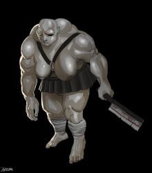 bald barefoot big_breasts blatodeo002 breasts_out cleaver dark_nipples fear_and_hunger feet female female_only full_body genderswap_(mtf) guard_(fear_and_hunger) hanging_breasts harness monster monster_girl muscular muscular_female no_bra no_panties pussy rule_63 skirt solo uneven_breasts weapon