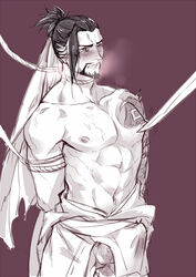 1boy abs bara beard blush brothers bulge clenched_teeth facial_hair genji hanzo male_only mo_si monochrome muscle nipples overwatch pecs restrained ropes siblings solo solo_focus steam sword teeth weapon yaoi