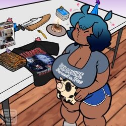 ahoge bangs bbw belly big_belly big_breasts big_butt birthday birthday_cake birthday_candle birthday_hat birthday_party blue_hair booty_shorts cheeked_up chubby chubby_female cleavage closed_eyes curvy curvy_figure dark-skinned_female dark_skin dckiq detailed_background fully_clothed gifts hearts_around_head holding_plushie huge_ass huge_breasts kiqki_(dckiq) large_breasts pig_plushie plump plushie short_hair shorts squish stuffed_animal t-shirt table tan_lines tan_skin tan_skinned_female tanlines text text_on_t-shirt thicc thick_thighs tshirt