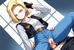 ai ai_generated anal anal_sex anal_sex anime attractive black_gloves black_vest blonde_hair blue_eyes blue_pants bulma_briefs close-up detailed_shading dragon_ball erect_penis female female indoors intimate male missionary_position muscular sex sexy tiled_floor white_shirt