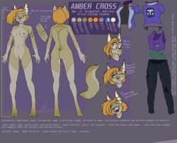 amber_cross anthro canid canine canis commandercross coywolf ear_piercing female genitals hair hi_res hybrid industrial_piercing mammal model_sheet nipple_piercing nipples orange_eyes orange_hair piercing pubes solo vulva