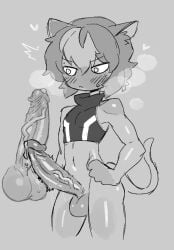 1boy alien alien_boy asta_rindo balls big_penis blush bottomless cat_ears catboy crap-man erect_penis erection excited grey_background greyscale hair hand_on_hip heart heavy_blush hi_res huge_cock looking_at_penis looking_at_viewer male male_only neri_(crap_man) penis precum solo steam tail topwear voluptuous