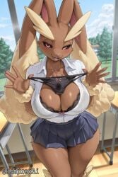 animal_ears animal_nose anthro bangs black_bra black_clothes black_panties black_sclera black_skirt black_underwear blue_skirt blue_sky blush bodily_fluids body_fur bow bow_bra bow_panties bow_underwear bra breasts brown_fur bunny_ears bunny_girl chair classroom clavicle cleavage clothing cloud collared_shirt colored_sclera day desk female female female_only fur furry furry_female hand_up hands_up holding holding_clothes holding_object holding_panties holding_underwear indoors large_breasts limited_visibility looking_at_viewer lopunny miniskirt open_mouth panties_removed pantsu pink_bow pink_eyes pink_nails pleated_skirt pokemon pokemon_species portrait renjiroxai school_chair school_desk school_uniform shirt skirt sky smile solo standing sweat tail teeth text thick_thighs thighs tongue tree two-tone_fur underwear uniform unworn_panties white_shirt window yellow_fur