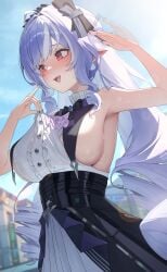 1girls absurdres ahoge arm_up armpits ascot black_nails black_overskirt blue_sky blurry blurry_background blush bow bowtie breasts center_frills clothes_pull commentary_request day dress dress_pull drill_hair ear_blush fanning_self female fingernails frills highres hot large_breasts long_fingernails long_hair looking_to_the_side mole mole_under_eye multicolored_hair nail_polish no_jacket nose_blush oerba_yun_fang open_mouth outdoors overskirt partial_commentary pinky_out pointy_ears pulling_own_clothes purple_ascot purple_bow purple_bowtie purple_hair red_eyes revision sideboob sideboob_cutout sidelocks sky sleeveless sleeveless_dress solo streaked_hair sunlight sweat teeth unnunal_(unneonal) upper_teeth_only vivian_(zenless_zone_zero) vivian_banshee white_dress white_streaks zenless_zone_zero