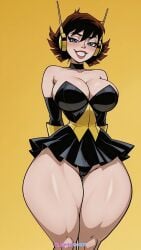 1girls ai_generated ai_loverhoney avengers big_breasts blue_eyes brown_hair cleavage curvaceous curvy_female eyes female female_only hands_behind_back hourglass_figure janet_van_dyne large_breasts light-skinned_female light_skin looking_at_viewer marvel marvel_comics miniskirt panties short_hair smiling smiling_at_viewer standing the_avengers:_earth's_mightiest_heroes thick thick_thighs voluptuous voluptuous_female wasp_(earth's_mightiest_heroes) wasp_(marvel) wide_hips
