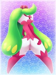 1girls 2018 ass big_ass biped blue_background bottomless breasts eyelashes featureless_breasts female female_only flora_fauna gradient_background green_hair half-closed_eyes hand_on_ass highres humanoid long_hair looking_at_viewer looking_back nintendo pattern_background plant pokemon pokemon_sm presenting purple_background pussy rear_view red_eyes redbenjamin shirt simple_background solo standing text thick_thighs thighhighs tsareena watermark