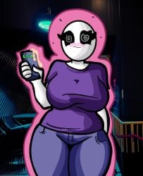 1girls :3 bald bald_female big_breasts black_eyes blush blush chetoh claire_(chetoh) clothed clothed_female cream egg female holding holding_drink holding_object jeans oc original original_character photo_background purple_shirt shirt smile spiral_eyes thighs white_body woozy