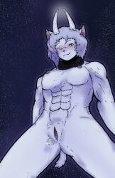 abs alien antennae_(anatomy) anthro blue_body blue_skin blush breasts earth_(planet) female genitals hair hi_res macro mostly_nude muscular muscular_anthro muscular_female nipples one_eye_closed planet planet_dwarfing presenting_vulva purple_hair scarf scarf_only sitiel_hastelli_inamor small_tail space tail terra_macro teruni-inamor virelli vulva
